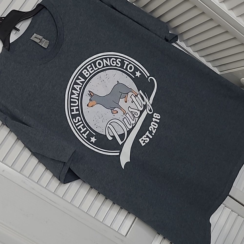 Gildan sz XL  gray T-Shirt with graphics "This Human belongs to Dusty"